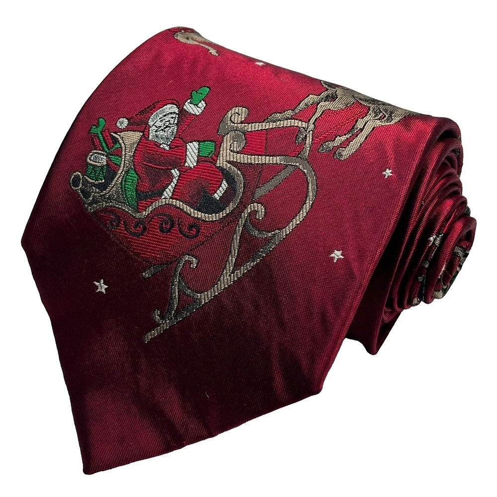 Holiday Traditions Silk Hand Made Men's Necktie Red Santa's Sleigh Christmas